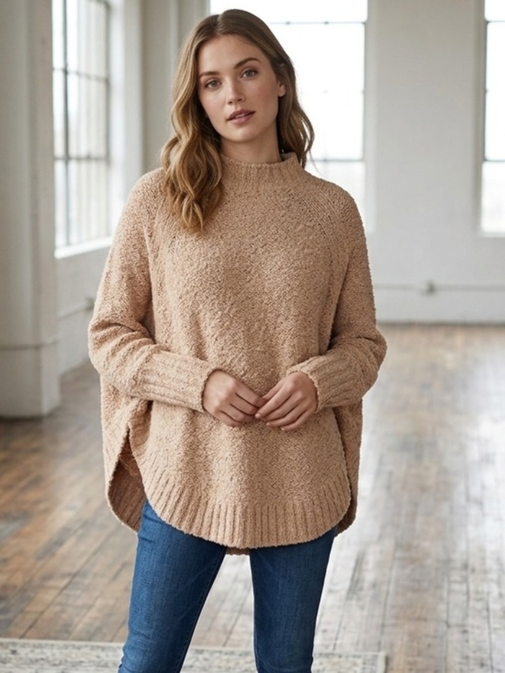 Lou & Grey Tan/Oatmeal Bouclé Wool Blend Oversized Poncho‎ Sweater-M/L